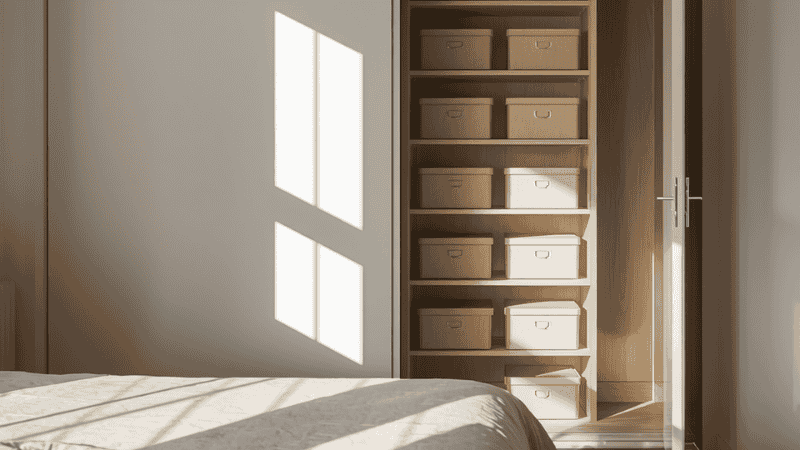 A minimalist-style bedroom filled with natural light, with white oak shelves neatly arranged with uniform beige linen storage boxes, presenting a transparent and serene aesthetic of closet organization.
