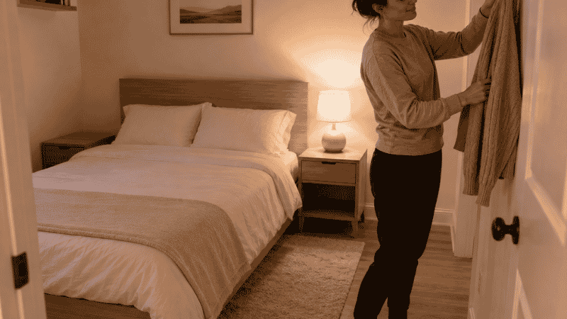 Person doing quick evening bedroom reset hanging cardigan on hook in already organized minimalist bedroom with warm lamp light