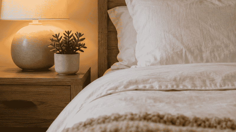 Minimalist bedroom decor detail showing light wood headboard linen pillows chunky knit throw ceramic lamp and single plant