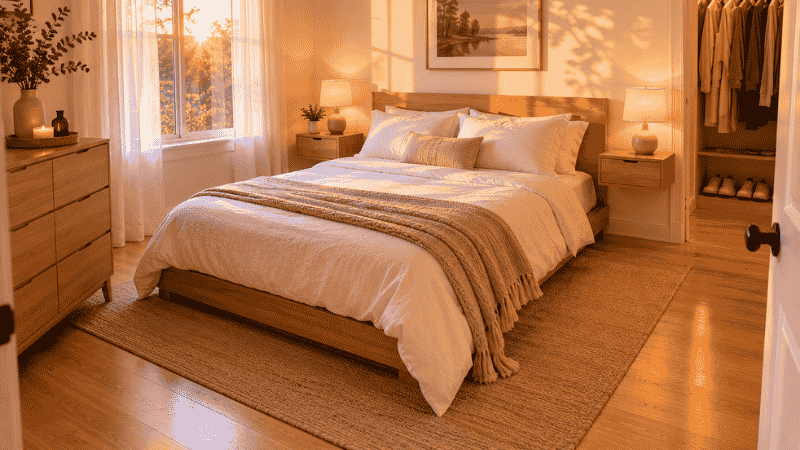 Fully realized minimalist bedroom at golden hour showing simple linen bed clear floating nightstands organized closet and single art piece