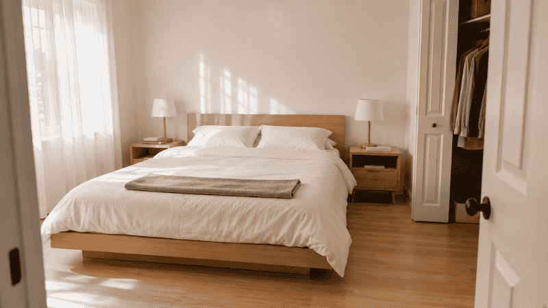 Calm minimalist bedroom with low profile bed clear nightstands organized closet and warm natural light showing clutter free space