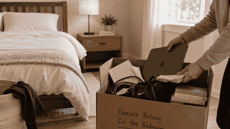Bedroom being decluttered with box being filled with non-bedroom items like laptop papers and gym bag while room becomes calmer