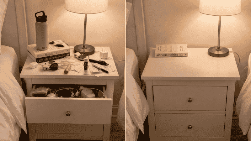 Two nightstands compared showing cluttered surface with chargers and items versus minimalist surface with only lamp and book
