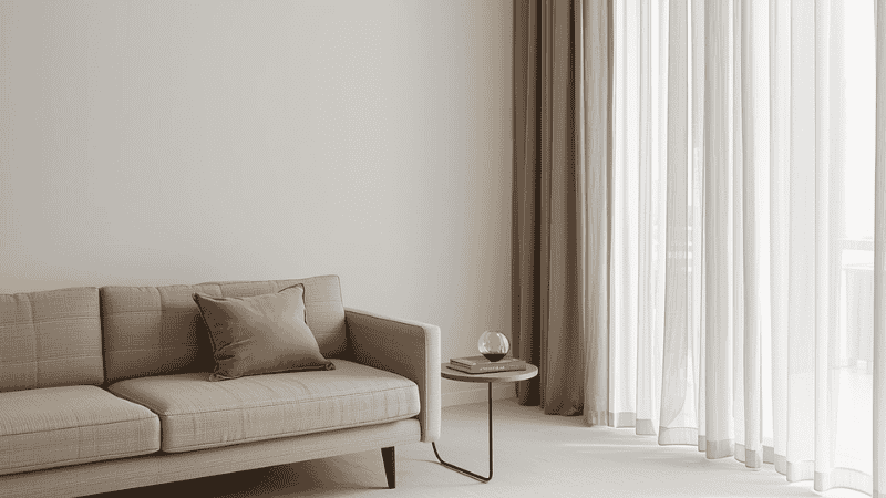 A minimalist studio scene filled with natural light, featuring a low sofa with slender conical legs and light linen curtains that hang from the ceiling to the floor, showcases the vertical extension beauty of the space.