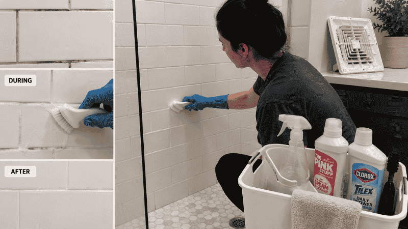 Monthly bathroom deep cleaning showing grout being scrubbed from gray to white with cleaning products and removed exhaust fan cover