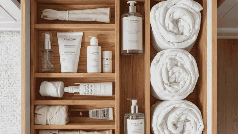 An overhead view of a perfectly organized bathroom drawer using natural wood dividers to separate essential skincare products and rolled linens.