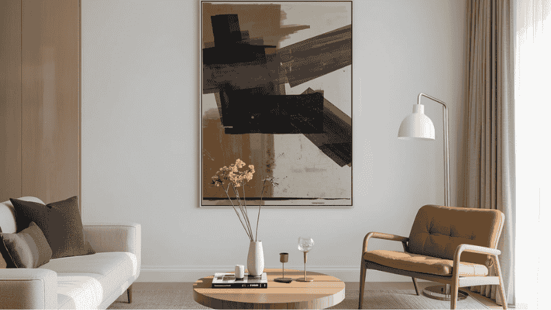A minimalist living room scene features a huge abstract art piece hanging on the wall. By using a large-scale artwork to establish the spatial center, the compact living room appears visually more imposing and layered.