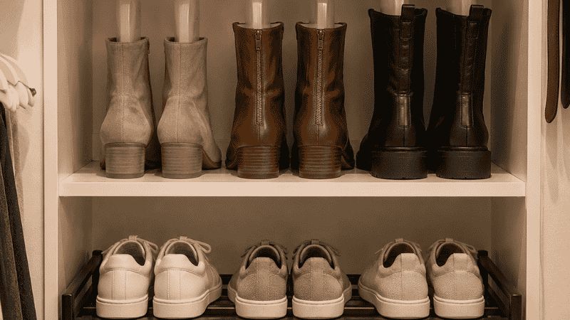 Closet shoe storage showing daily shoes on floor rack boots with shapers on shelf and clear labeled boxes for heels above