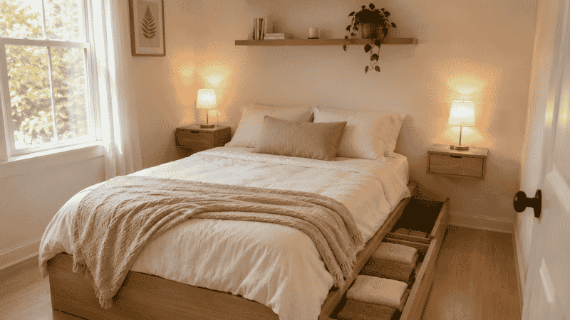 Small minimalist bedroom with storage bed drawers wall mounted floating nightstands and floating shelves keeping floor completely clear