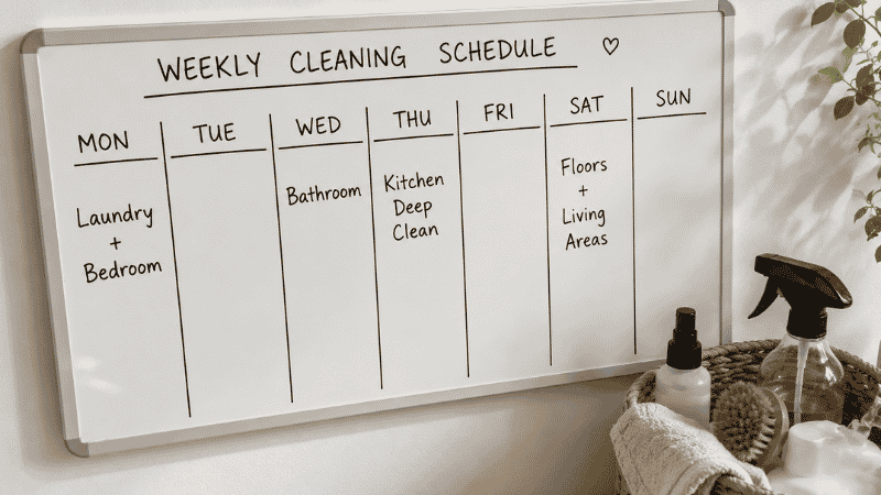 Weekly cleaning schedule shown as seven day planner with room specific tasks written for each day of the week