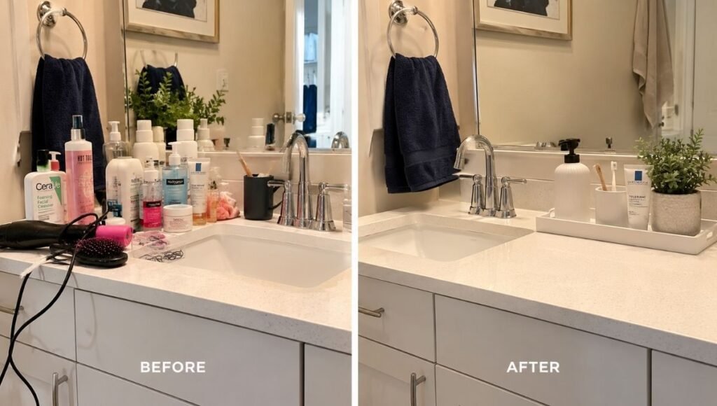 Bathroom counter before and after showing cluttered surface versus clear counter with only tray holding toothbrush soap and moisturizer