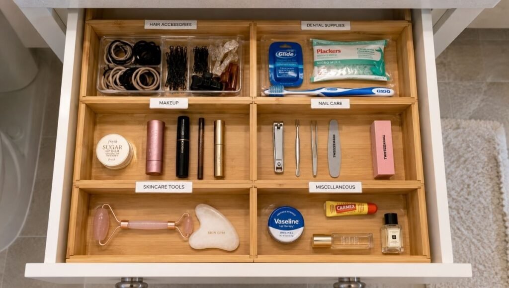Bathroom drawer organized with bamboo dividers showing six labeled compartments for hair accessories dental supplies makeup nail care and daily items