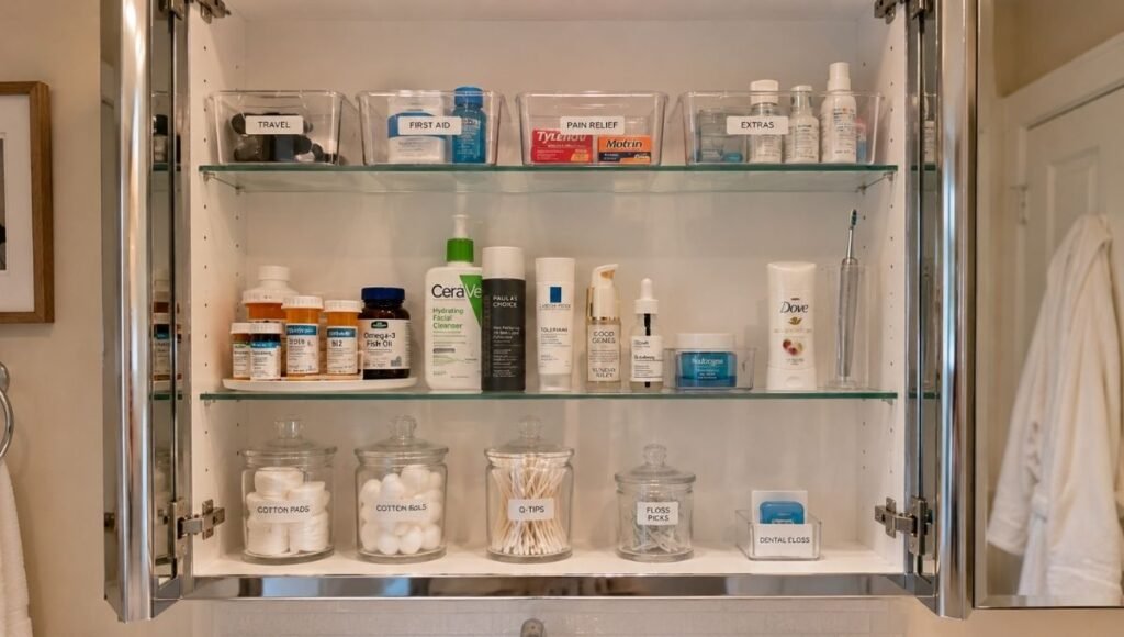 Bathroom medicine cabinet organized by frequency with daily items at eye level and cotton balls in clear apothecary jars on bottom shelf