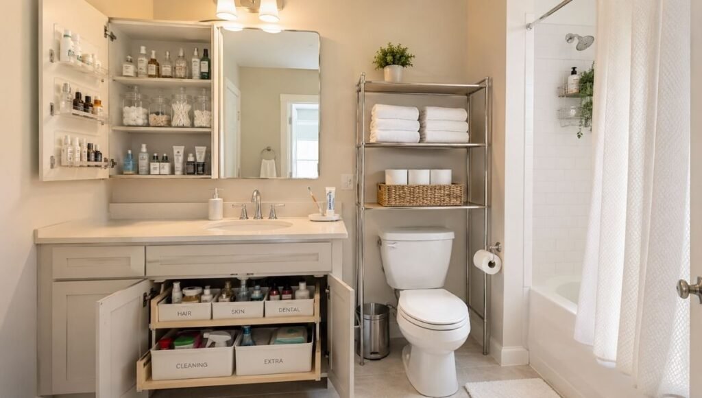 Organized bathroom showing clear counter open medicine cabinet with labeled products under sink pull-out organizer and over toilet shelving