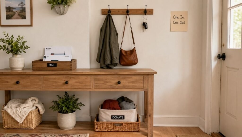 Organized entryway showing three long term declutter maintenance systems — mail tray wall hooks and donate basket with one in one out note