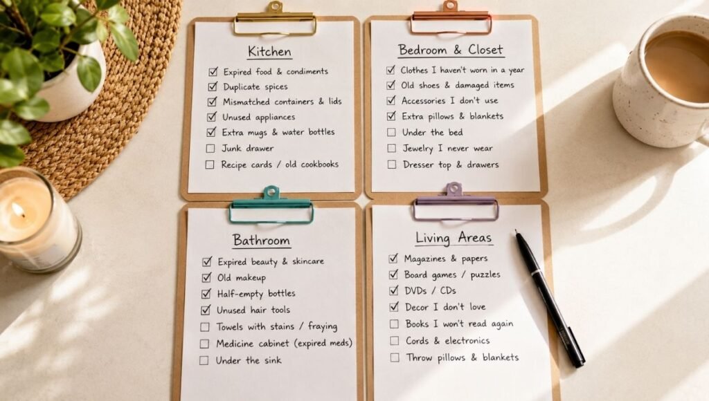 Four room declutter checklists on clipboards showing kitchen bedroom bathroom and living areas with items checked off