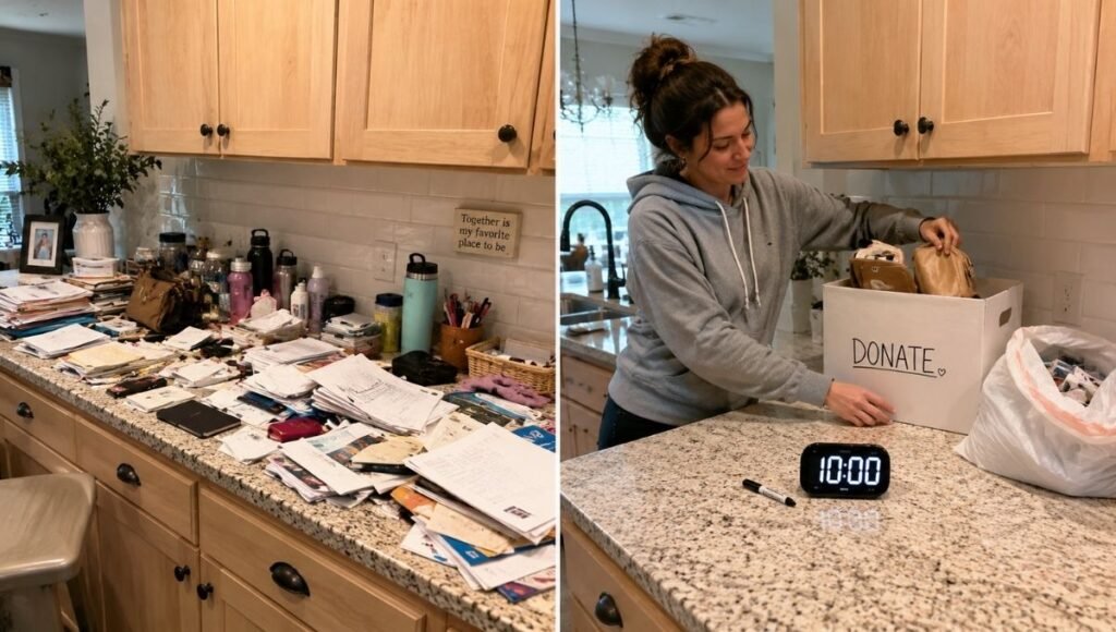 Kitchen counter showing fast declutter method with donation box being filled and timer set for ten minutes beside cluttered surface