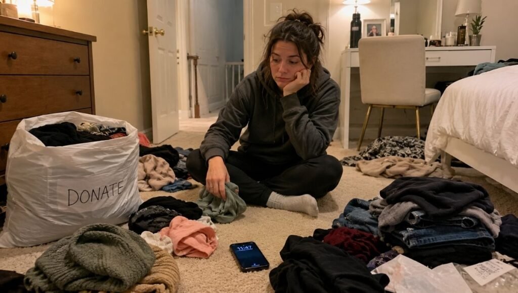 Person sitting on floor surrounded by clothes piles mid-declutter showing decision fatigue after several hours of sorting