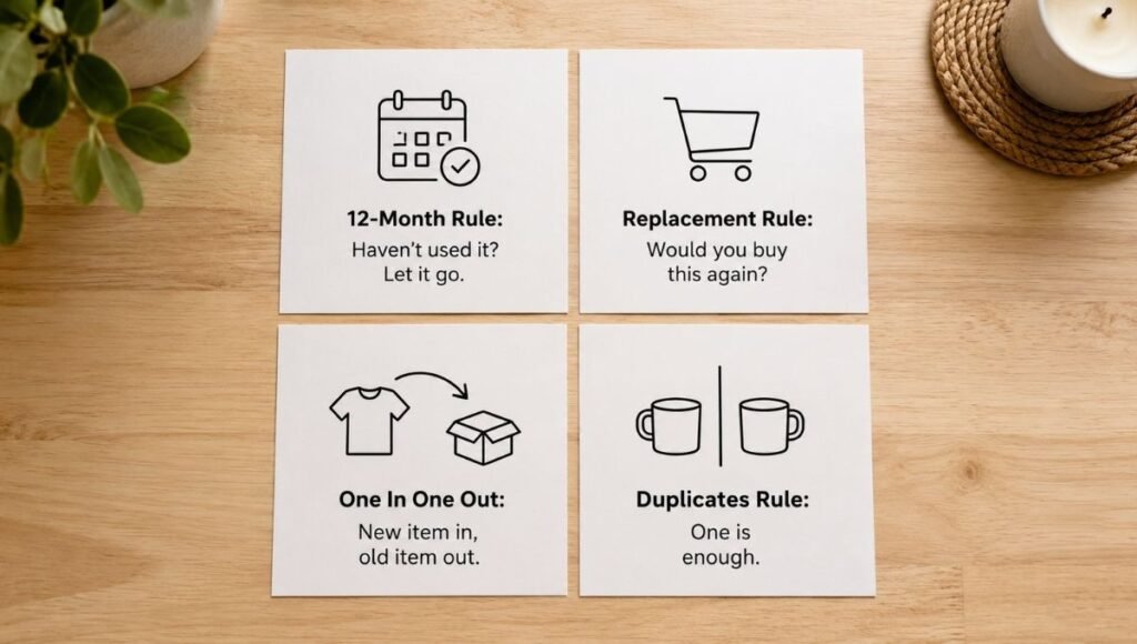 Four decluttering decision rule cards showing 12 month rule replacement rule one in one out and duplicates rule