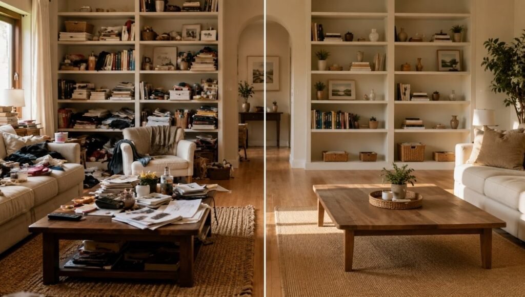 Living room before and after decluttering showing cluttered surfaces on left versus calm organized space on right
