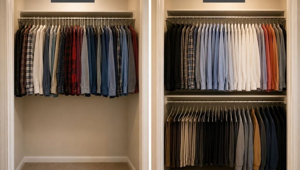 Before and after showing single closet rod with wasted space below versus double hang rod with shirts on top and pants on lower rail