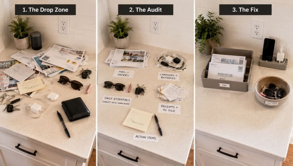 Three panel sequence showing kitchen counter drop zone before audit and after fix with mail tray charging station and bowl