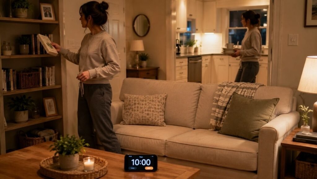 Evening reset showing person tidying living room with 10 minute phone timer visible on coffee table in warm lamp lit room