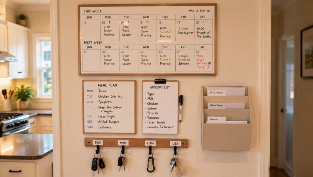 Family command center showing weekly calendar meal plan grocery list labeled key hooks and inbox tray all mounted on kitchen wall
