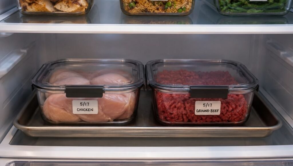Refrigerator bottom shelf showing raw chicken and ground beef in sealed containers on rimmed tray for food safety with date labels visible