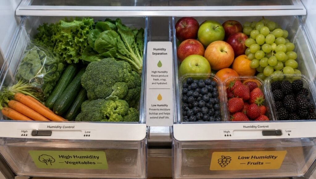 Two refrigerator crisper drawers showing high humidity drawer with vegetables on left and low humidity drawer with fruits on right with humidity controls visible