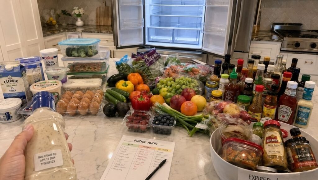 Refrigerator contents laid out on counter grouped by category during audit with expired items set aside and empty fridge visible in background