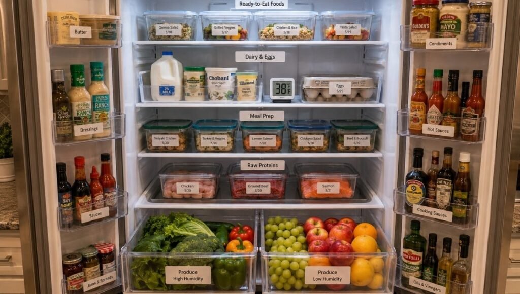 Fully organized refrigerator showing all five zones with labeled containers meal prep dairy produce and condiments with thermometer showing 38 degrees