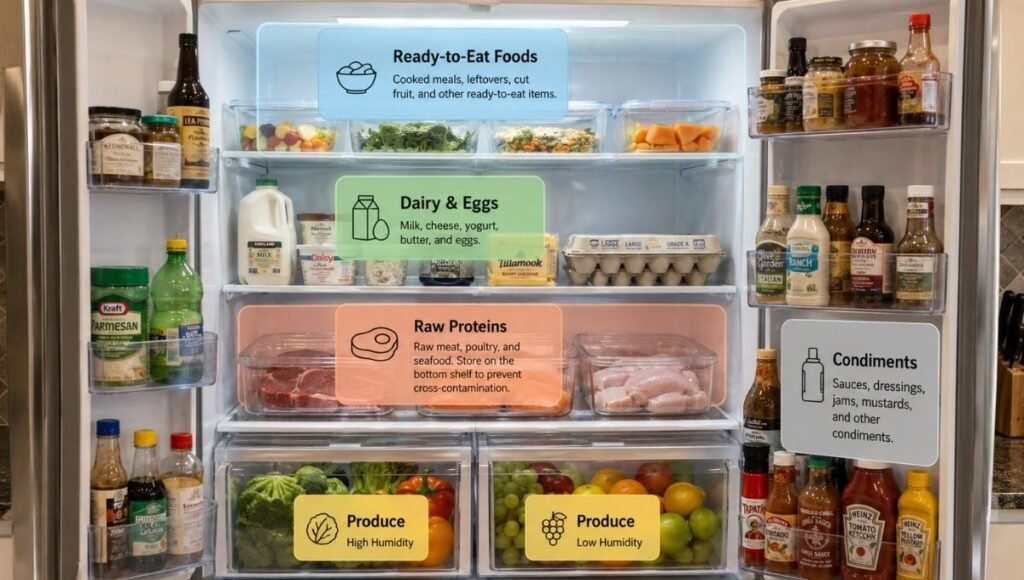 Refrigerator interior showing five temperature zones labeled — ready to eat top shelf dairy middle raw proteins bottom produce drawers and condiments door