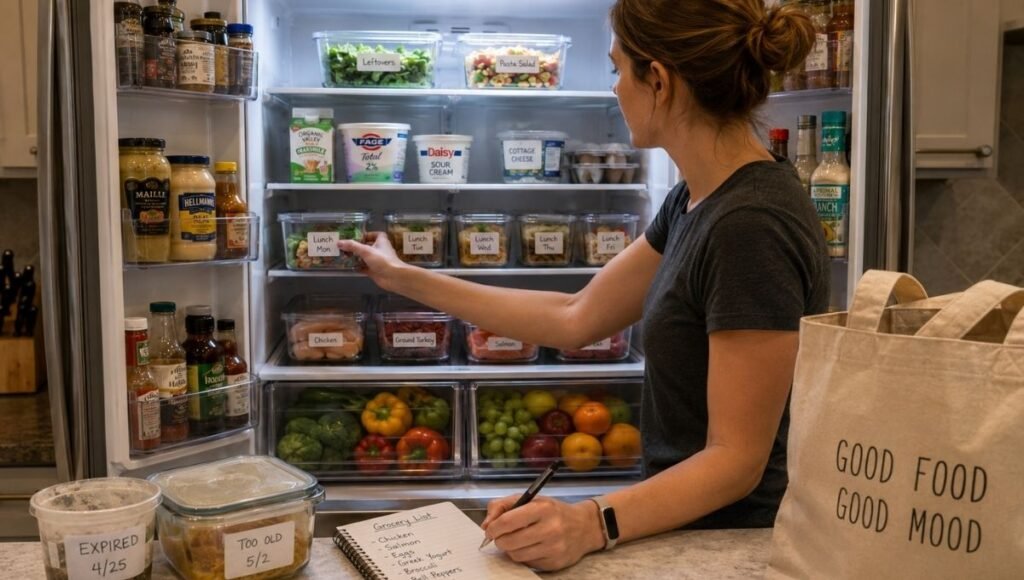 Person doing weekly fridge reset before grocery shopping checking items moving older ones forward writing grocery list with empty shopping bag waiting