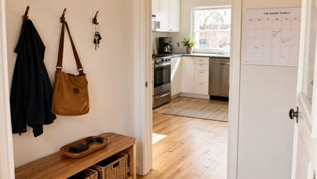Organized home entryway with wall hooks and tray and kitchen with clear counter and family calendar visible through doorway