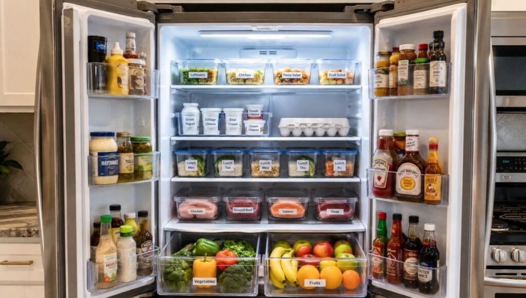 Open refrigerator showing complete zone organization system with labeled containers on each shelf dairy in middle raw proteins on bottom and condiments on door