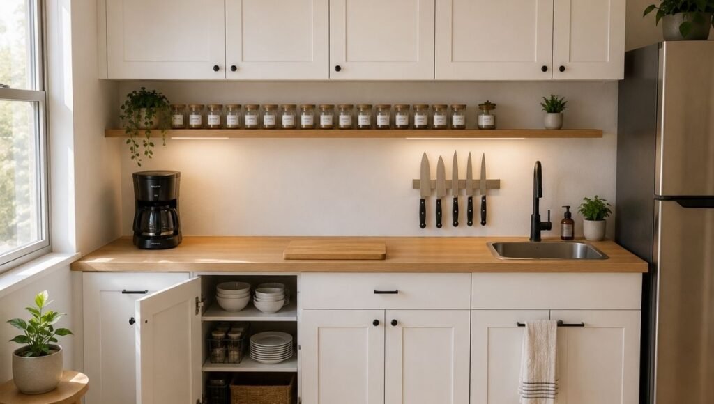Small organized kitchen with clear counter coffee maker cutting board magnetic knife strip and floating shelf showing complete small kitchen system
