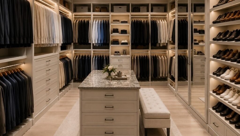 Master bedroom walk in closet with center island built in shelving on three walls dedicated shoe display and LED strip lighting