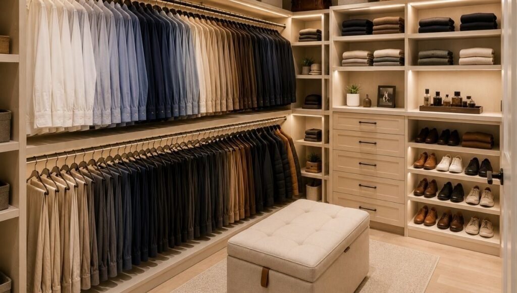 Medium L-shaped walk in closet showing hanging zone on long wall with shelving and drawers on short wall and corner shelf at junction