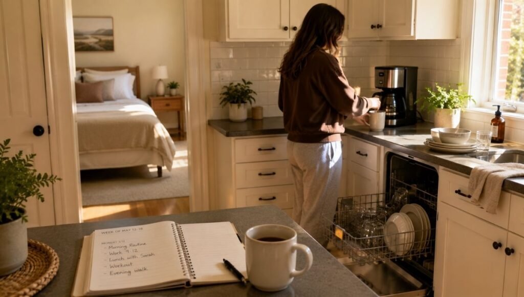 Morning anchor routine showing coffee being made with bed visible through doorway already made and dishwasher being emptied