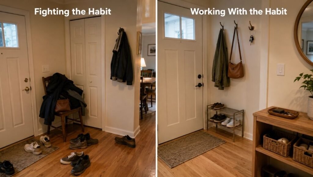 Two entryways compared showing fighting habits with distant hook versus working with habits with hook beside door where items naturally land