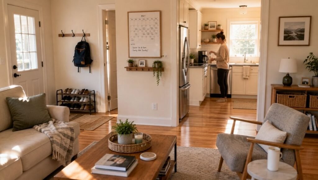 Organized family home on calm morning showing clear living room surfaces family calendar kitchen with clear counter and child backpack on hook