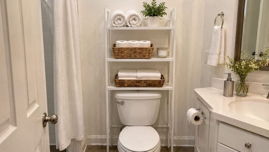 Freestanding over toilet storage unit with three shelves holding rolled towels woven basket with toilet paper and hand towels