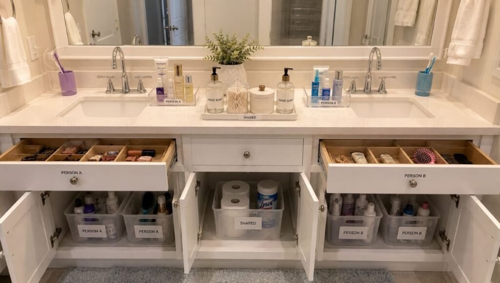 Shared bathroom with two sinks showing person based zone organization with labeled trays drawers and cabinet sections for each person