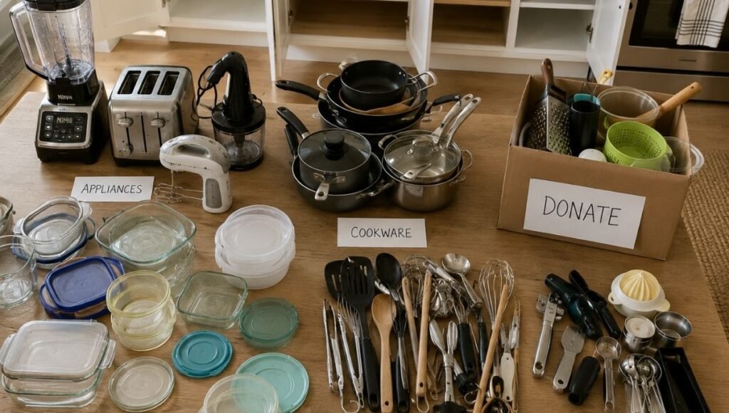Kitchen audit showing all items pulled out and grouped by category — appliances cookware containers utensils with donate box and empty cabinets visible