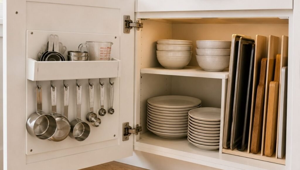 Open kitchen cabinet showing shelf riser with plates and bowls on two levels vertical pan organizer with sheet pans and door mounted measuring cup hooks