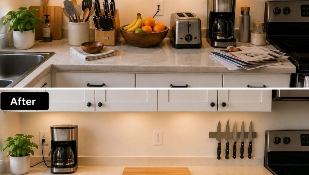 Small kitchen counter before and after showing cluttered surface with knife block and utensil crock versus clear counter with only coffee maker and cutting board