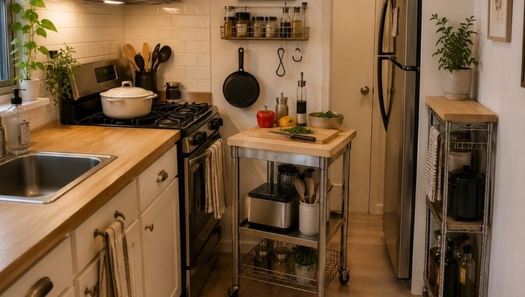 Small kitchen with rolling cart positioned beside stove as extended prep surface with cutting board in use and lower shelf holding small appliance
