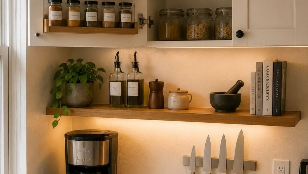 Small kitchen showing three vertical storage zones — floating shelf between counter and cabinet door mounted spice rack and magnetic knife strip on wall
