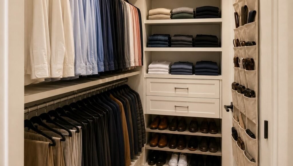 Small walk in closet showing double hang rod with color organized shirts and pants on one wall and floor to ceiling shelving on second wall